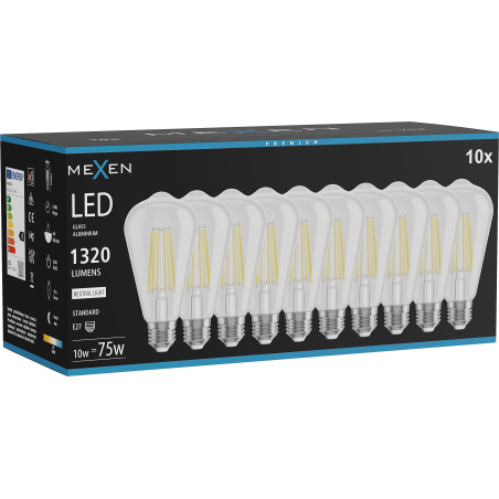 Mexen Vintis 10x LED нажежаема жичка крушка E27, ST64, 10W, Неутрална - 4000K, 1320 lm,
