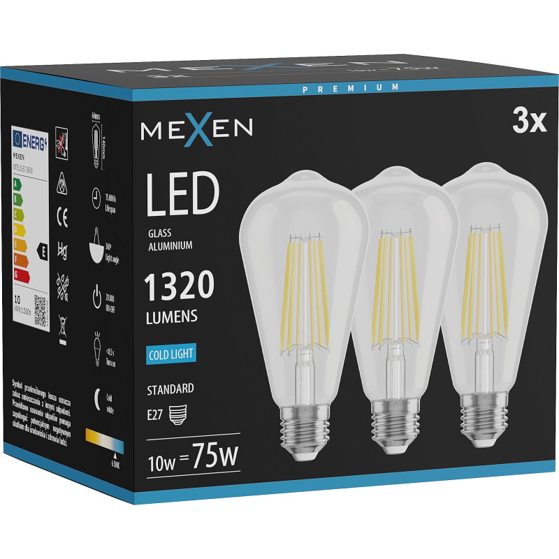 Mexen Vintis 3x LED филаментна крушка E27, ST64, 10W, Студено - 6500K, 1320 lm, прозрачно -