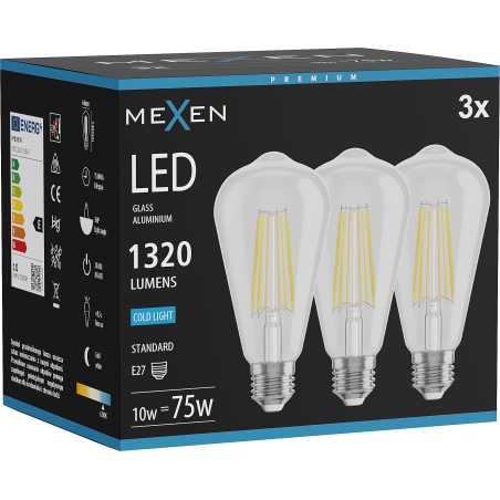Mexen Vintis 3x LED филаментна крушка E27, ST64, 10W, Студено - 6500K, 1320 lm, прозрачно -