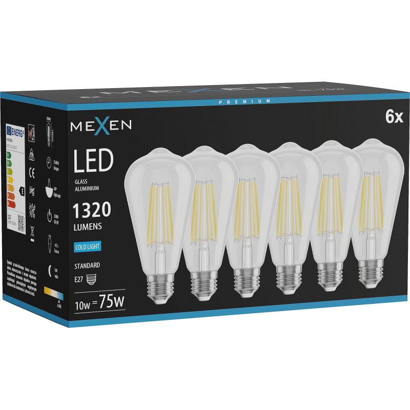 Mexen Vintis 6x LED филамент крушка E27, ST64, 10W, Студена - 6500K, 1320 lm, прозрачна -