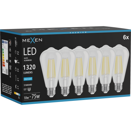 Mexen Vintis 6x LED филамент крушка E27, ST64, 10W, Студена - 6500K, 1320 lm, прозрачна -