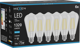 Mexen Vintis 6x LED филамент крушка E27, ST64, 10W, Студена - 6500K, 1320 lm, прозрачна -