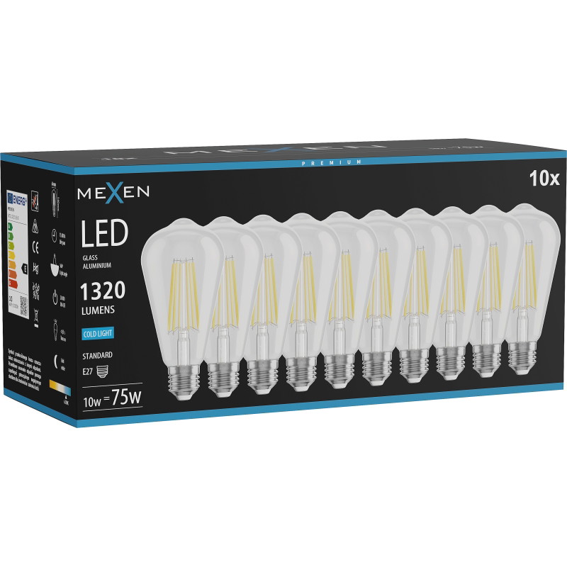 Mexen Vintis 10x LED филамент крушка E27, ST64, 10W, Студена - 6500K, 1320 lm, прозрачна -