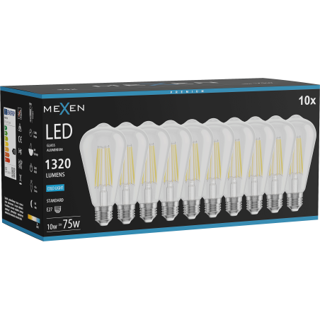 Mexen Vintis 10x LED филамент крушка E27, ST64, 10W, Студена - 6500K, 1320 lm, прозрачна -