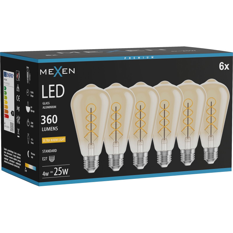 Mexen Vintis 6x LED спирална нажежаема жичка, E27, ST64, 4W, Топло - 2200K, 360 lm, кехлибар