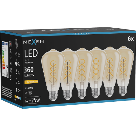 Mexen Vintis 6x LED спирална нажежаема жичка, E27, ST64, 4W, Топло - 2200K, 360 lm, кехлибар