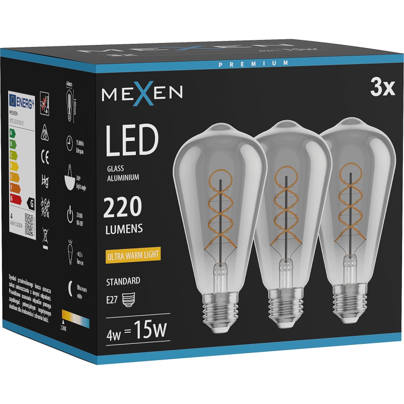 Mexen Vintis 3x LED крушка нажежаема спирала E27, ST64, 4W, Топла - 2200K, 220 lm, опушена