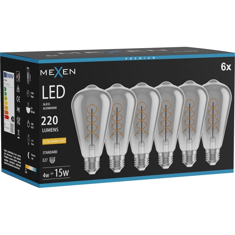 Mexen Vintis 6x крушка с нажежаема спирала LED E27, ST64, 4W, Топла - 2200K, 220 lm, димна