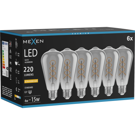 Mexen Vintis 6x крушка с нажежаема спирала LED E27, ST64, 4W, Топла - 2200K, 220 lm, димна