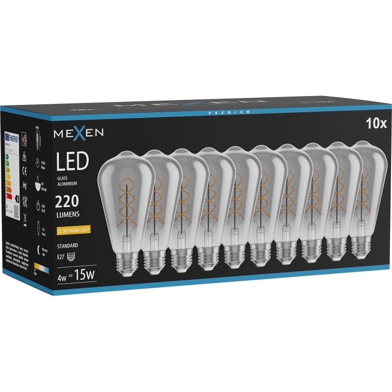 Mexen Vintis 10x LED крушка с нажежаема спирала E27, ST64, 4W, Топла - 2200K, 220 lm, опушен