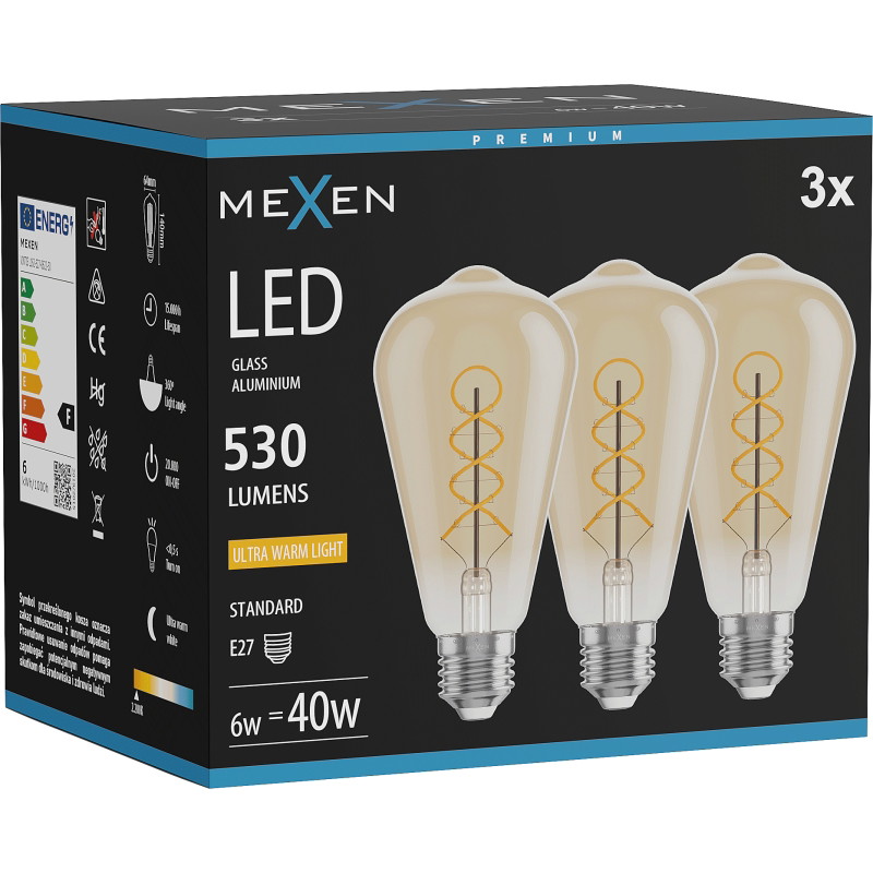 Mexen Vintis 3x LED филаментна крушка спирала E27, ST64, 6W, Топла - 2200K, 530 lm, кехлибар