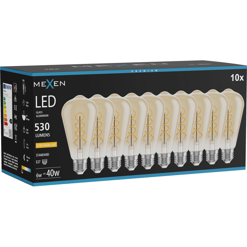 Mexen Vintis 10x LED крушка спирала филамент E27, ST64, 6W, Топла - 2200K, 530 lm, кехлибар