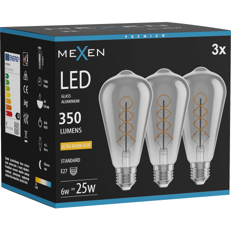 Mexen Vintis 3x спирална LED крушка с филамент E27, ST64, 6W, Топла - 2200K, 350 lm, опушено
