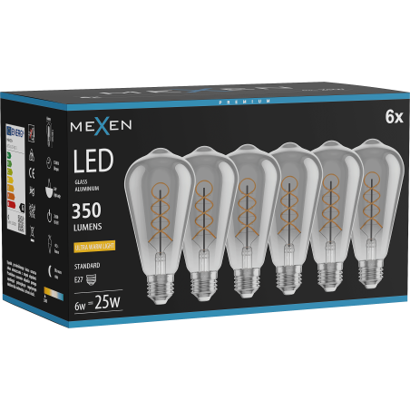 Mexen Vintis 6x LED лампа спирална нишка E27, ST64, 6W, Топла - 2200K, 350 lm, пушек