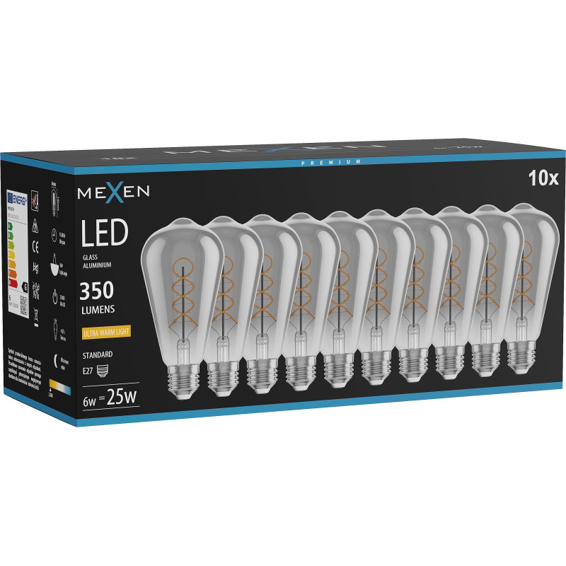 Mexen Vintis 10x LED крушка филамент спирала E27, ST64, 6W, Топла - 2200K, 350 lm, опушен