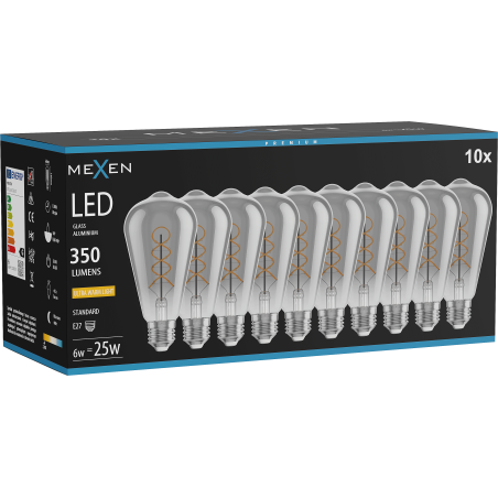 Mexen Vintis 10x LED крушка филамент спирала E27, ST64, 6W, Топла - 2200K, 350 lm, опушен