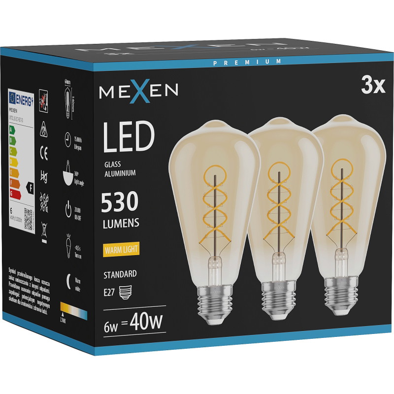 Mexen Vintis 3x LED нажежаема крушка с нажежаема спирала, E27, ST64, 6W, Топло - 2700K, 530