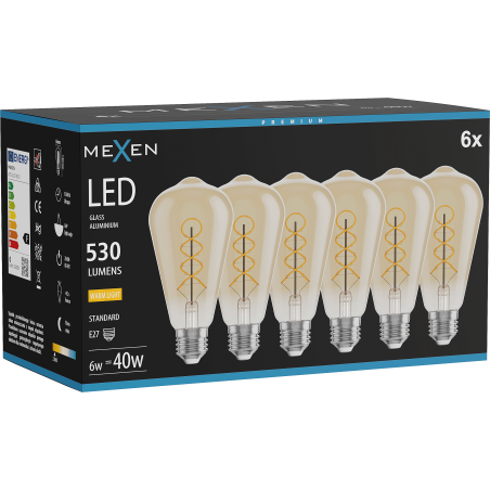 Mexen Vintis 6x LED крушка с нажежаема спирала, E27, ST64, 6W, Топла - 2700K, 530 lm,