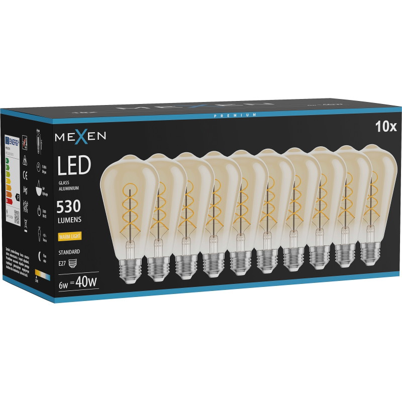 Mexen Vintis 10x LED спираловидна нажежаема крушка E27, ST64, 6W, Топла - 2700K, 530 lm,