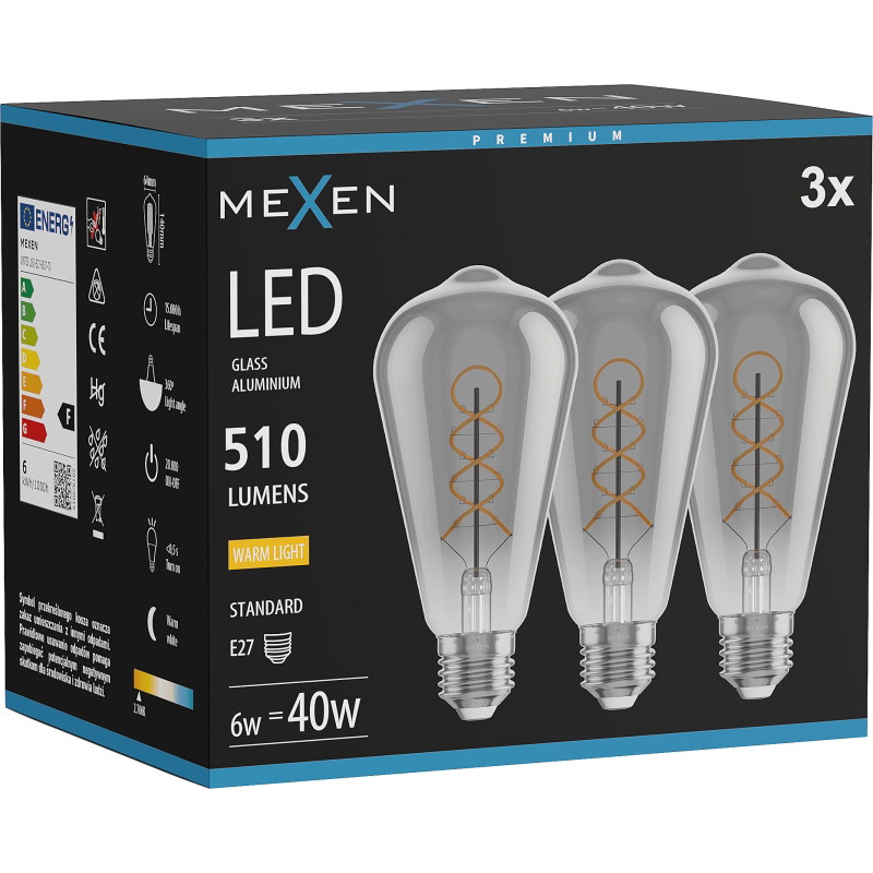 Mexen Vintis 3x LED спираловидна нажежаема жичка E27, ST64, 6W, Топла - 2700K, 510 lm, димна