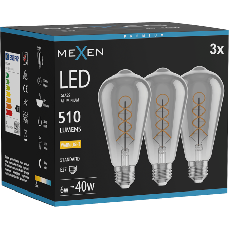 Mexen Vintis 3x LED спираловидна нажежаема жичка E27, ST64, 6W, Топла - 2700K, 510 lm, димна