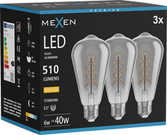 Mexen Vintis 3x LED спираловидна нажежаема жичка E27, ST64, 6W, Топла - 2700K, 510 lm, димна