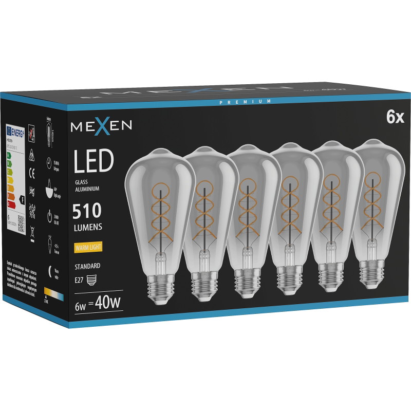 Mexen Vintis 6x Крушка с нажежаем конец Е27, ST64, 6W, Топла - 2700K, 510 lm, димна