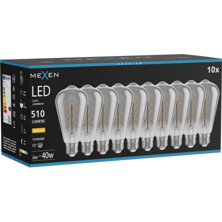 Mexen Vintis 10x крушка с нажежаема жичка спирала LED E27, ST64, 6W, Топла - 2700K, 510 lm,