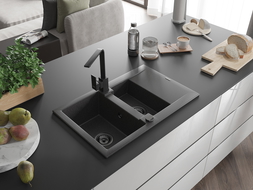 Mexen Gaspar гранитна мивка 1,5-камерна с отцедник и кухненски смесител Rita, черен с пръски - 6507-76-670300-70-B