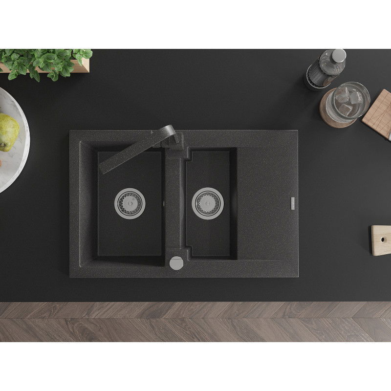 Mexen Gaspar: гранитна мивка с 1,5 камери, с отцедник и кухненски смесител Rita, черен на пръски - 6507-76-670300-76