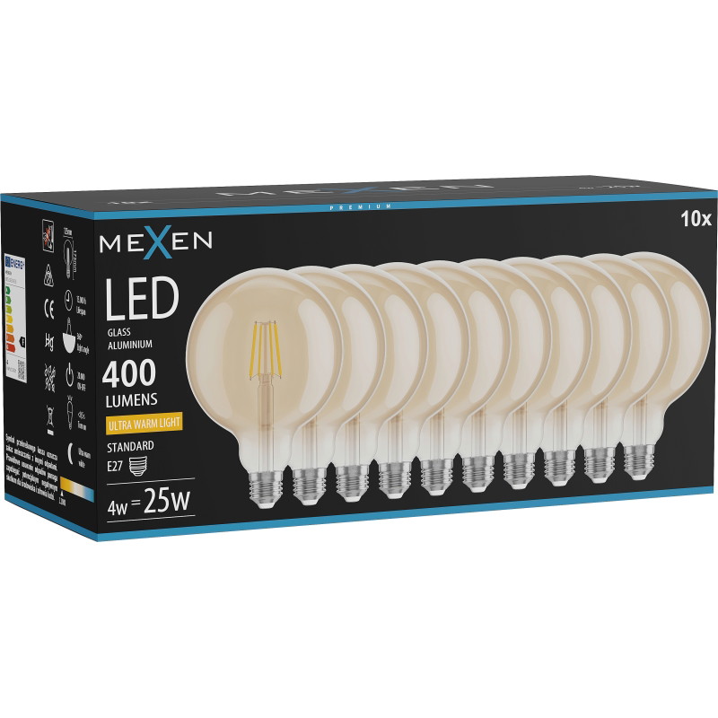 Mexen Vintis 10x крушка с нажежаема жичка LED E27, G125, 4W, Топло - 2200K, 400 lm, кехлибар