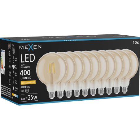 Mexen Vintis 10x крушка с нажежаема жичка LED E27, G125, 4W, Топло - 2200K, 400 lm, кехлибар