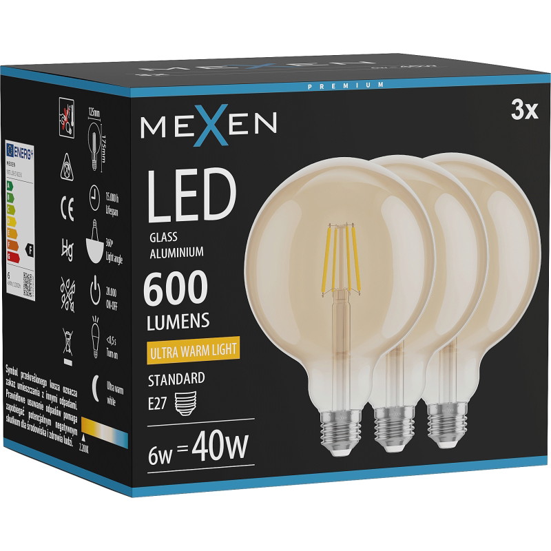 Mexen Vintis 3x LED филамент крушка E27, G125, 6W, Топла - 2200K, 600 lm, амбър - L158-E27-0622-50x03