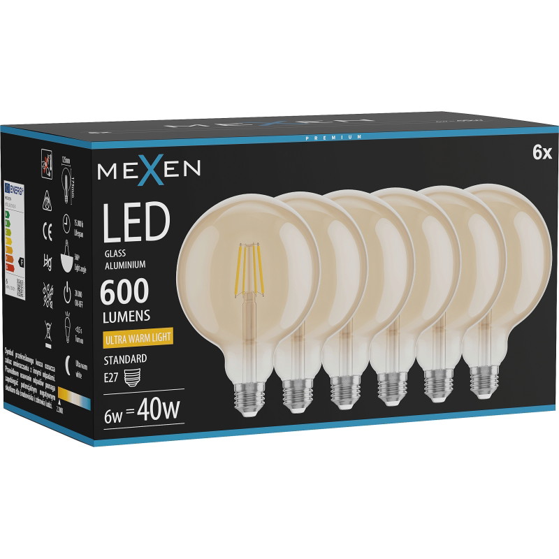 Mexen Vintis 6x LED филаментна крушка E27, G125, 6W, Топло - 2200K, 600 lm, амбър