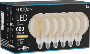 Mexen Vintis 6x LED филаментна крушка E27, G125, 6W, Топло - 2200K, 600 lm, амбър
