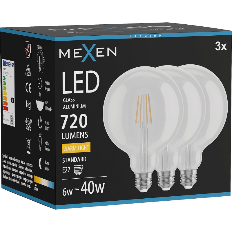 Mexen Vintis 3x LED лампа с нажежаема жичка E27, G125, 6W, Топла - 2700K, 720 lm, прозрачна