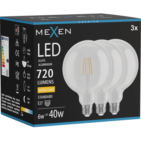 Mexen Vintis 3x LED лампа с нажежаема жичка E27, G125, 6W, Топла - 2700K, 720 lm, прозрачна