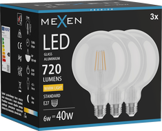 Mexen Vintis 3x LED лампа с нажежаема жичка E27, G125, 6W, Топла - 2700K, 720 lm, прозрачна