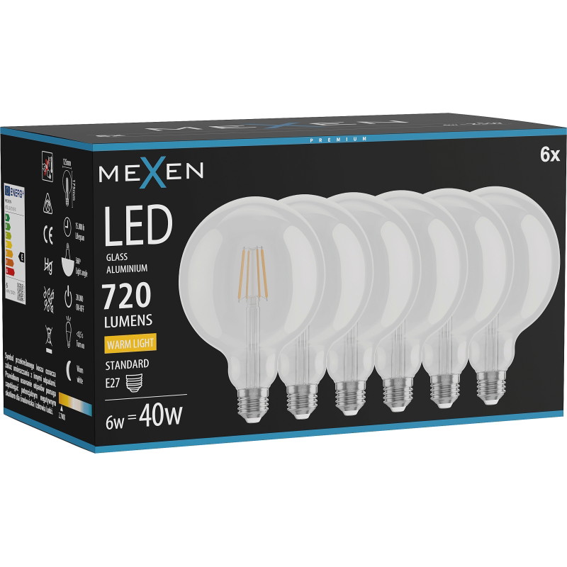 Mexen Vintis 6x LED филаментна крушка E27, G125, 6W, Топла - 2700K, 720 lm, прозрачна
