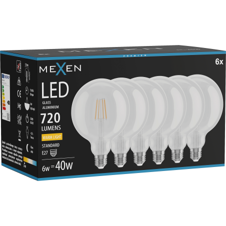Mexen Vintis 6x LED филаментна крушка E27, G125, 6W, Топла - 2700K, 720 lm, прозрачна