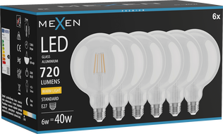 Mexen Vintis 6x LED филаментна крушка E27, G125, 6W, Топла - 2700K, 720 lm, прозрачна
