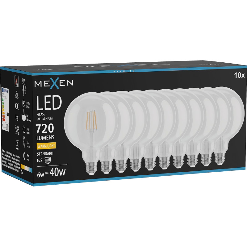 Mexen Vintis 10x LED нажежаема лампа E27, G125, 6W, Топла - 2700K, 720 lm, прозрачна