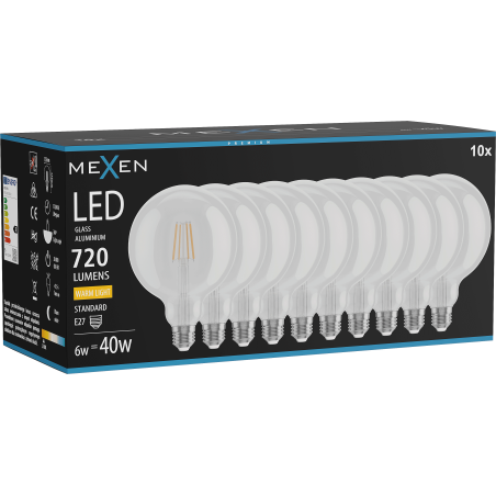 Mexen Vintis 10x LED нажежаема лампа E27, G125, 6W, Топла - 2700K, 720 lm, прозрачна