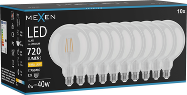 Mexen Vintis 10x LED нажежаема лампа E27, G125, 6W, Топла - 2700K, 720 lm, прозрачна