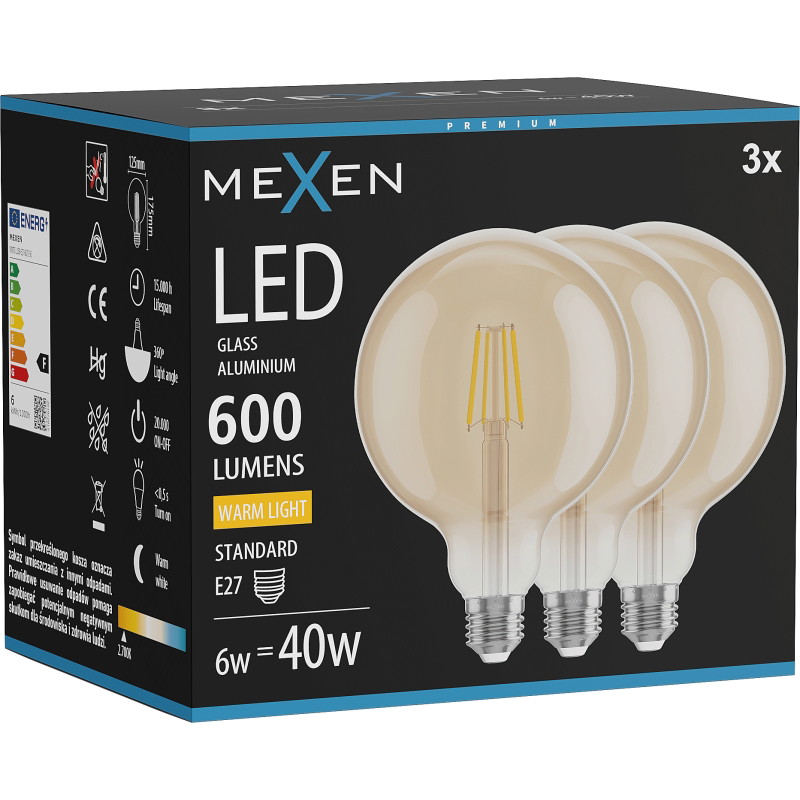 Mexen Vintis 3x LED нажежаема лампа E27, G125, 6W, Топла - 2700K, 600 lm, кехлибар