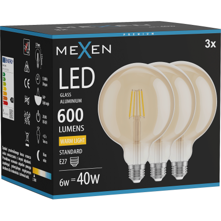 Mexen Vintis 3x LED нажежаема лампа E27, G125, 6W, Топла - 2700K, 600 lm, кехлибар