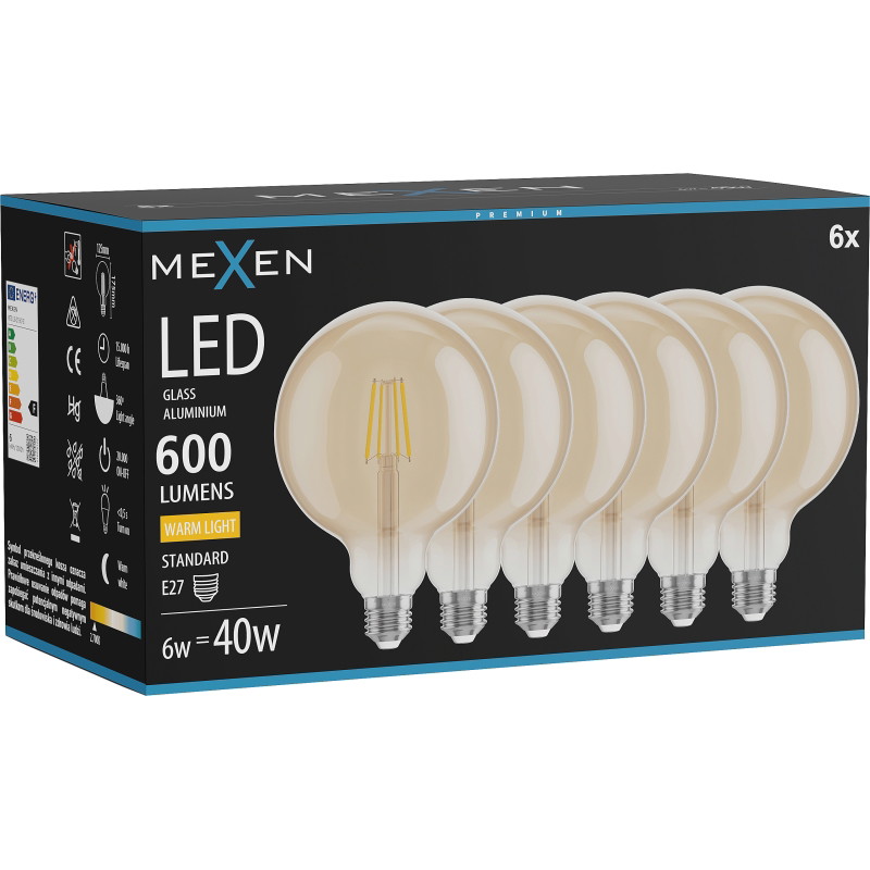 Mexen Vintis 6x LED крушка с нажежаема жичка E27, G125, 6W, Топла - 2700K, 600 lm,