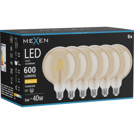 Mexen Vintis 6x LED крушка с нажежаема жичка E27, G125, 6W, Топла - 2700K, 600 lm,