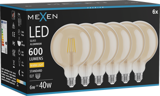 Mexen Vintis 6x LED крушка с нажежаема жичка E27, G125, 6W, Топла - 2700K, 600 lm,