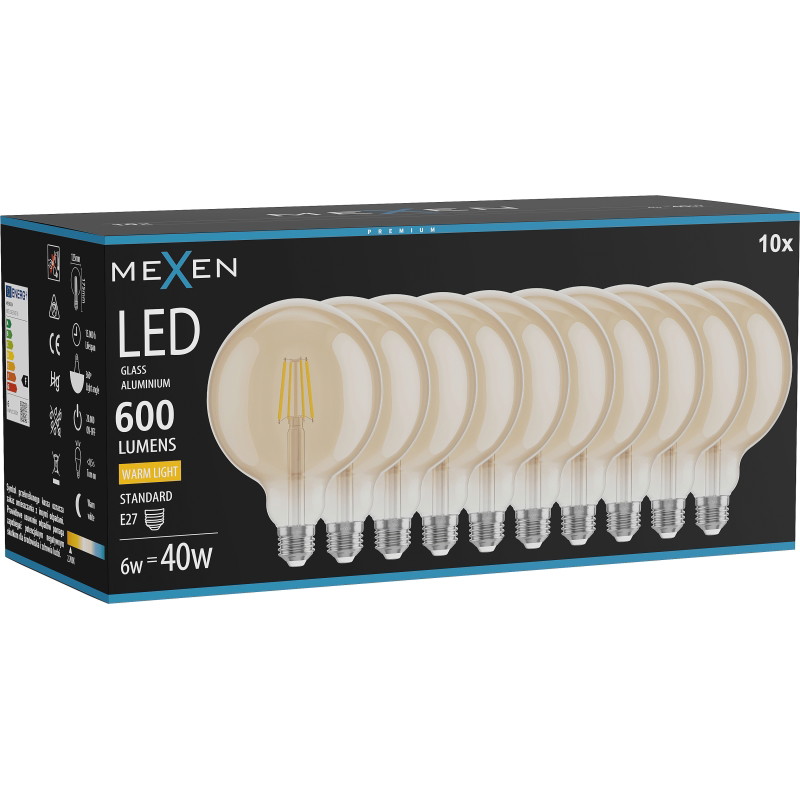 Mexen Vintis 10x LED филaментна крушка E27, G125, 6W, Топла - 2700K, 600 lm, кехлибар